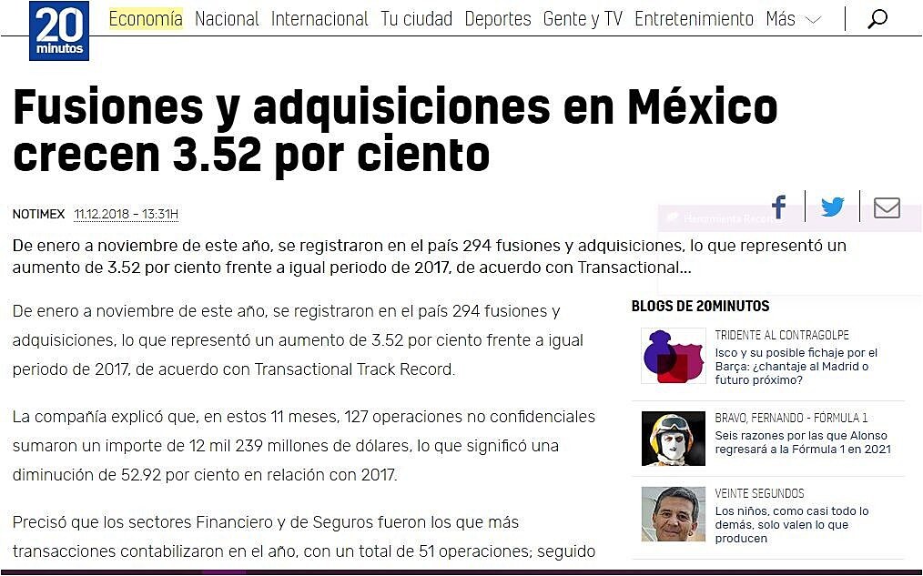 Fusiones y adquisiciones en Mxico crecen 3.52 por ciento